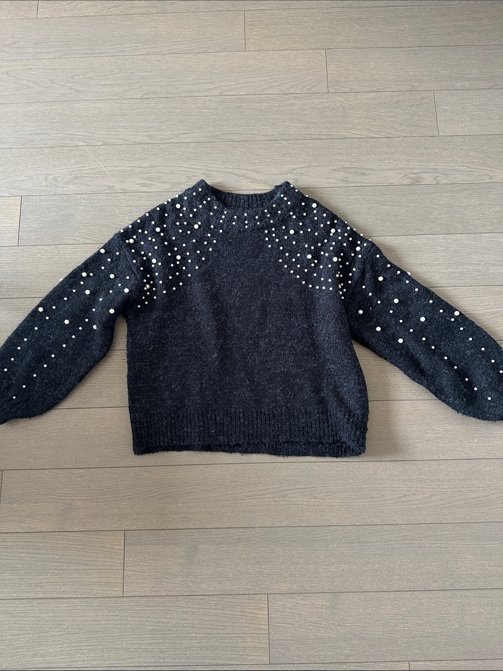 Aqua Black Pearl-Studded Crewneck Sweater